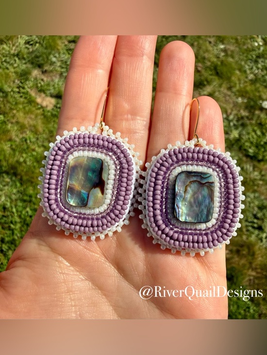 Handmade Jewelry - Handmade Purple Beaded Earrings With Abalone Shell. Native Made, Indigenous Art